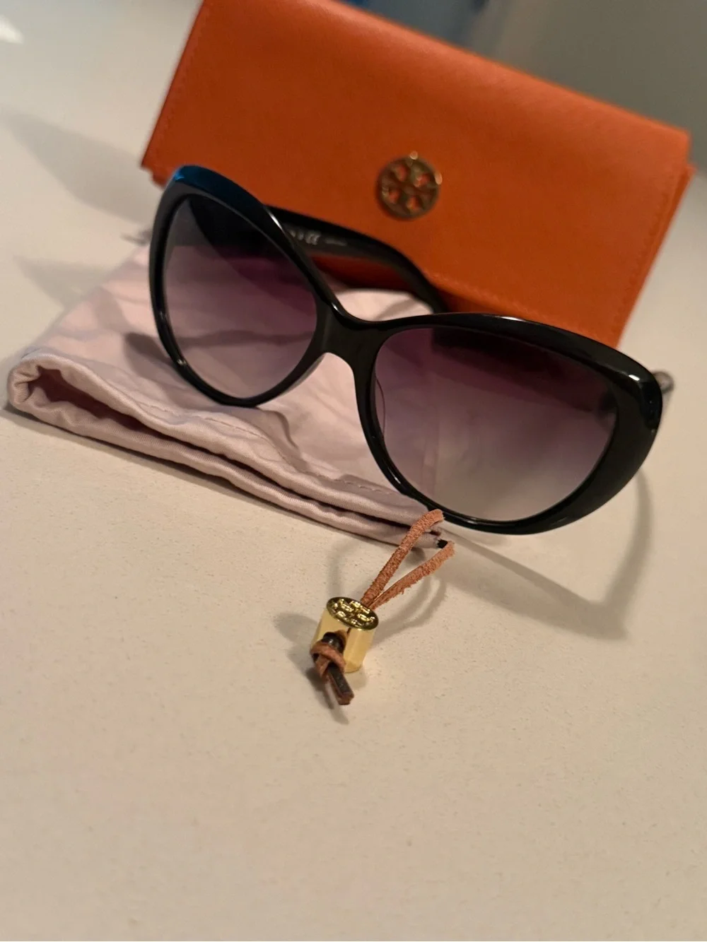 Tory Burch Black Sunglasses with Purple Gradient Lenses and Orange Case